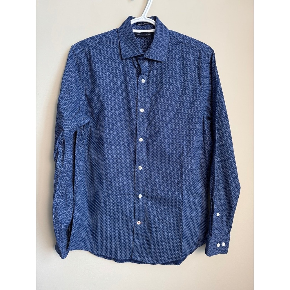 Tommy Hilfiger Mens Slim Fit Stretch Blue Geometric Micro Print Shirt M Preppy‎